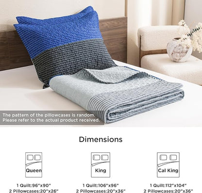 Litanika California King Quilt Set Blue and Grey - Cal King Oversized Stripe Comforter Bedspreads & Coverlets - Soft Lightweight Quilted Bedding Set for All Season(1 Quilt, 2 Pillowcases)