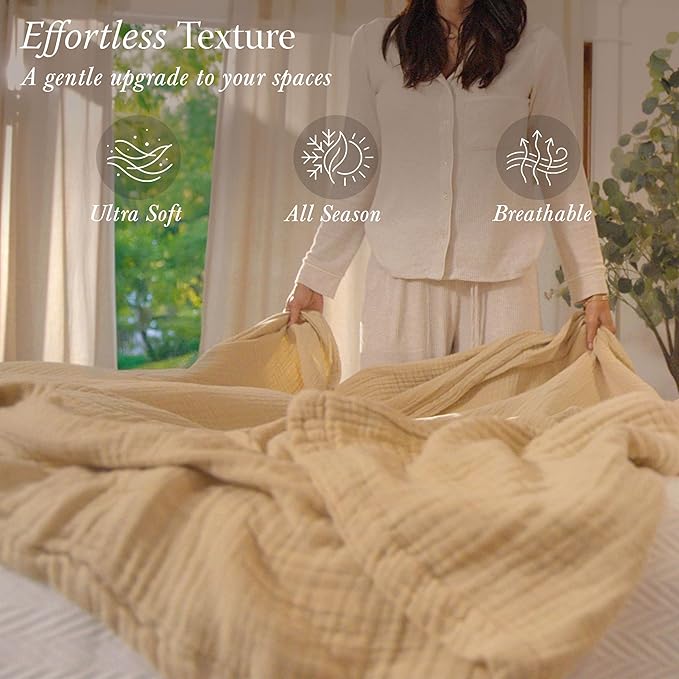 Threadmill King Size Blanket | 4 Layer 100% Cotton Gauze | Lightweight, Breathable, and Cozy Summer |Muslin Blanket for Couch, Bed| Beige