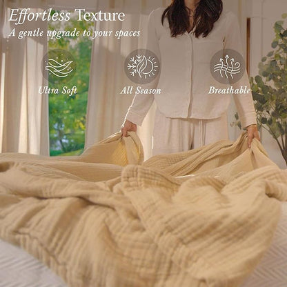 Threadmill King Size Blanket | 4 Layer 100% Cotton Gauze | Lightweight, Breathable, and Cozy Summer |Muslin Blanket for Couch, Bed| Beige