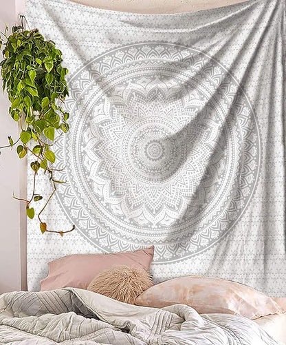 raajsee Silver Grey Mandala Wall Hanging – Aesthetic Indie Decor for Bedroom – Boho Trippy Small 30x40 Inches