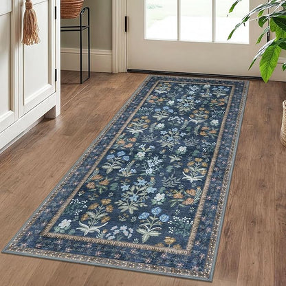 Boho 2x5 Runner, Navy Floral Washable Hallway Runner, Non-Slip Kitchen Runner, Super Thin Printed Faux Wool Soft Carpet for Entryway, Front Door, Backdoor, Bedside
