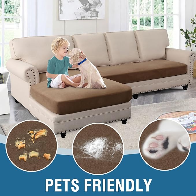 H.VERSAILTEX Fleece L Shaped Couch Cover 2 Piece Stretch Couch Covers for Sectional Sofa Thick Soft Sofa Cover for Dogs Feature Comfortable and Durable Fabric, (3 Seater + 1 Chaise, Camel)