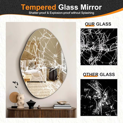 Delma Irregular Wall Mirror, 36"x24" Asymmetrical Wavy Cloud Design, Frameless Decorative Mirror for Bathroom, Bedroom, Living Room & Entryway, Modern Boho Wall-Mounted