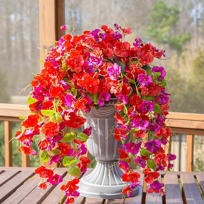 Fake Hibiscus Artificial Hanging Flowers Plants for Outdoors Spring Decoration, 2pcs Silk Hibiscus Vines Realistic UV Resistant Faux Flowers for Outside Planter Porch Patio Yard Wedding Party, Mix