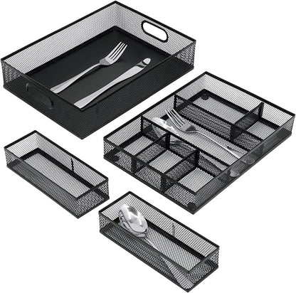 Neudeco Desk Drawer Organizer with 6 Adjustable Dividers, Metal Pen organizer for desk drawer,Mesh Office Desk Drawer Organizer Tray for office supplies (Pack 4, Black)