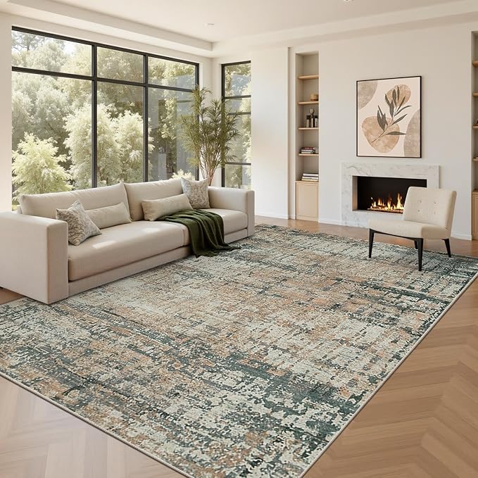 Area Rugs 8x10,Large Soft Rugs for Living Room, Washable, Modern Green Abstract Rugs for Bedroom Dining Room, Non-Slip Foldable Thin Indoor Carpet Stain Resistant(Moss Green)