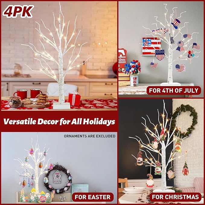 PEIDUO Christmas Decorations for Home, 2FT Christmas Tree with LED Lights, Warm White Lights, Fairy Light Spirit Tree for Room Inside Fireplace Decor, Battery Powered, Timer (4PK)
