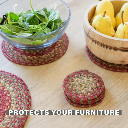 Homespice Cider Barn Jute Braided Coasters 4", Warm Country Rustic Decor, Set of 6, Red - Durable, Absorbs Moisture, Easy to Clean and Protects Furniture