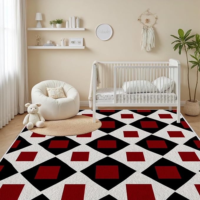 Plaid Rug 7x9, Vintage Geometric Soft Ultra Soft Faux Wool Low Pile Rug, Indoor Floor Mats Carpet, Non-Slip Stain Resistant Washable Rugs, Modern Red Rugs for Living Room Home Office Decor