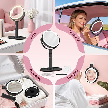Makeup Mirror with Lights, 30X Magnifying & Height Adjustable, Lighted Magnifying Mirror with 3 Light Modes and Stepless Dimming, Vanity Mirrors for Bathroom, Birthday Gift for Women, Black