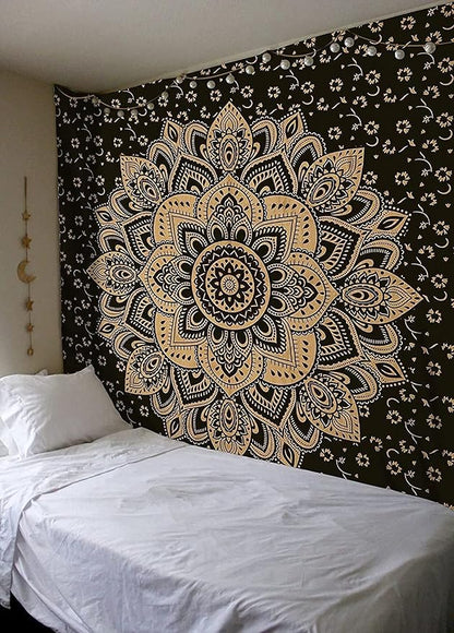 Rajsee Gold Mandala Tapestry - Boho Bedroom Aesthetic - Trippy Cute Wall Hanging - Black Gold Wall Art 52x82 Inches