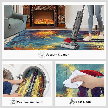London Streets Washable Rugs 6x9 Rug for Living Room, Rainy Night Oil Painting 6x9 Rug Autumn Landscape Low-Pile Carpet for Bedroom Dining Non Slip Mat with Rubber Back