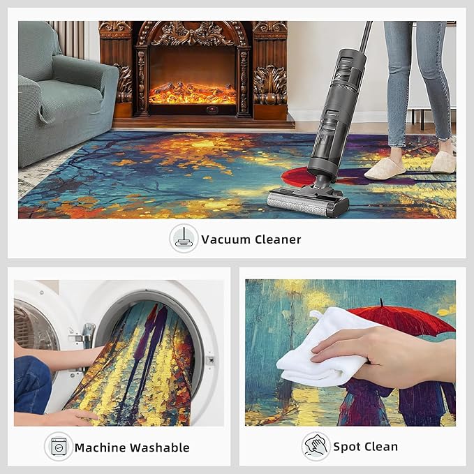 London Streets Washable Rugs 3x5 Rug for Living Room, Rainy Night Oil Painting 3x5 Rug Autumn Landscape Low-Pile Carpet for Bedroom Dining Non Slip Mat with Rubber Back