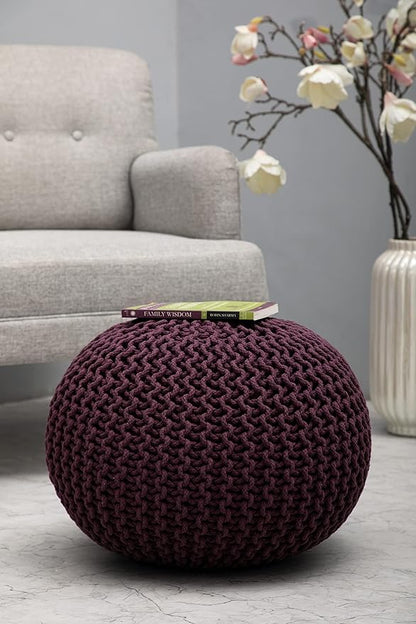 COTTON CRAFT Round Pouf - Hand Knitted Cotton Braid Cord Cable Dori Ottoman - Foot Stool - Floor Pouf Footrest Accent Seat Furniture Bean Bag - Living Room Kids Room Nursery Dorm Décor - 20x14 - Plum