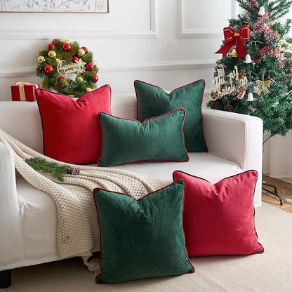 LIGICKY Set of 2 Christmas Dark Green Velvet Throw Pillow Covers Modern Minimalist Style Solid Decorative Red Rope Edging Soft Square Cushion Cases for Sofa Bedroom Party Décor, 20 x 20 inch