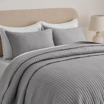 EVERGRACEHOME Cotton Sateen Quilt Set Queen Size, Pre-Washed Cotton Channel Stitch Coverlet Bedspread, 3 Pieces Lightweight Soft Bedding Sets for All Season, with 2 Pillow Shams, Fog Gray