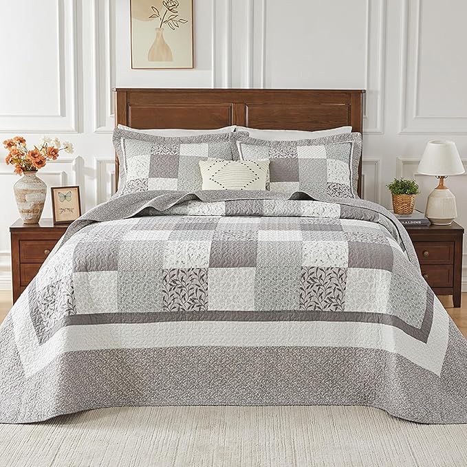 SahSahCasa 100% Cotton 102"x120" Oversized Queen Quilt Bedspread - Quilted Extra Large Comforter Lightweight Bedding Set, XL Plaid Patchwork Wide Bed Spread Coverlet, 3pcs, Taupe Gray
