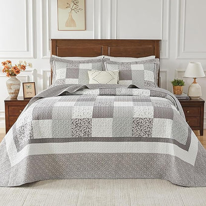 SahSahCasa 100% Cotton 102"x120" Oversized Queen Quilt Bedspread - Quilted Extra Large Comforter Lightweight Bedding Set, XL Plaid Patchwork Wide Bed Spread Coverlet, 3pcs, Taupe Gray