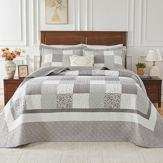 SahSahCasa 100% Cotton 102"x120" Oversized Queen Quilt Bedspread - Quilted Extra Large Comforter Lightweight Bedding Set, XL Plaid Patchwork Wide Bed Spread Coverlet, 3pcs, Taupe Gray