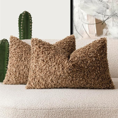Foindtower Set of 2 Curly Teddy Wool Pillow Covers Decorative Boucle Textured Lumbar Throw Pillow Faux Fur Sherpa Pillowcases Sheepskin Fuzzy Cushion Case for Sofa Bedroom Car 12"x20" Dark Bronze