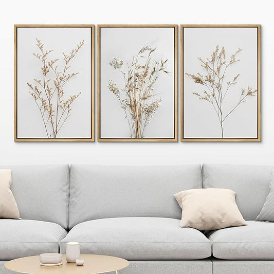 MUDECOR Framed Canvas Print Wall Art Wildflower Floral Botanical Prints Minimalist Wall Art Modern Farmhouse for Bedroom - 24"x36"x3 Natural