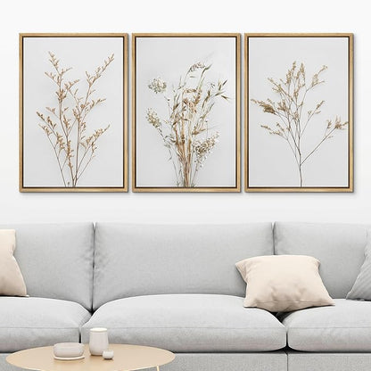 MUDECOR Framed Canvas Print Wall Art Wildflower Floral Botanical Prints Minimalist Wall Art Modern Farmhouse for Bedroom - 16"x24"x3 Natural