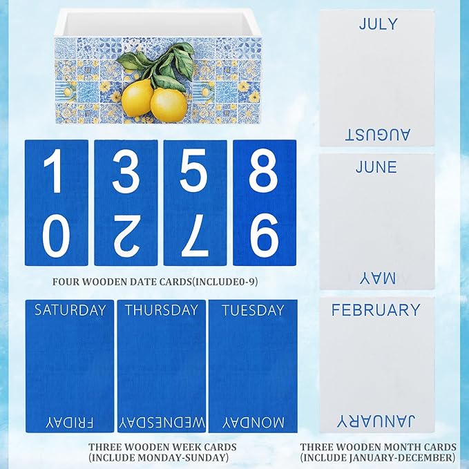 Tile Lemon Wood Block Perpetual Calendar Coquettish Desk Decor Blue Mediterranean Amalfi Coast Decor Cute Month Week Date Display Decorative Block Calendar for Office Home Desk Gift for Women