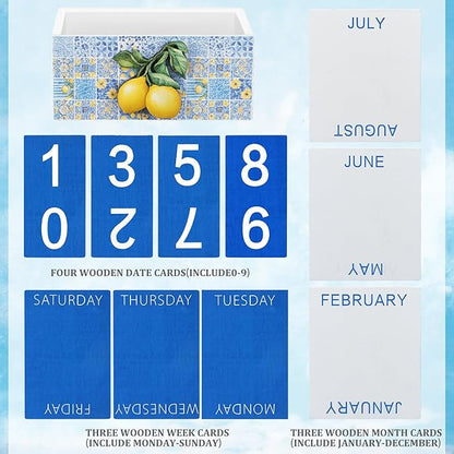 Tile Lemon Wood Block Perpetual Calendar Coquettish Desk Decor Blue Mediterranean Amalfi Coast Decor Cute Month Week Date Display Decorative Block Calendar for Office Home Desk Gift for Women