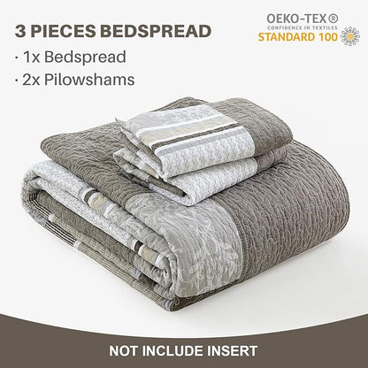 Oversized King Bedspread Quilt 120" x 120", 100% Cotton Lightweight Bed Spreads Coverlet Set Farmhouse Bedding Cover, 3 Piece, Brown/Gray/Beige