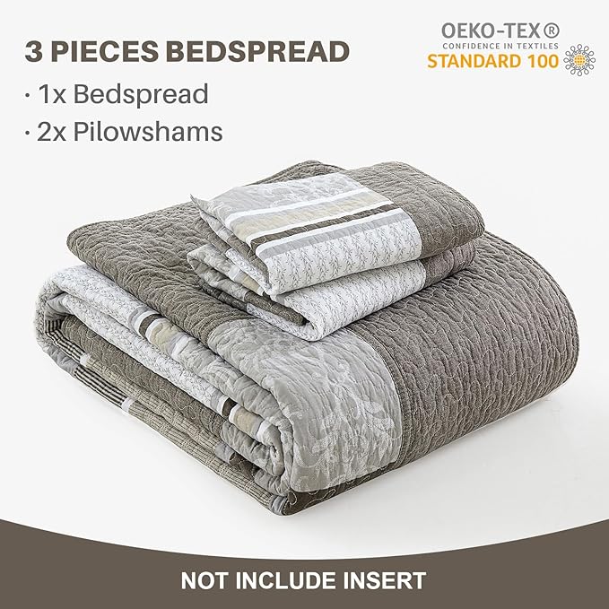 Oversized Queen Bedspread Quilt 120" x 102", 100% Cotton Lightweight Bed Spreads Coverlet Set Farmhouse Bedding Cover, 3 Piece, Brown/Gray/Beige