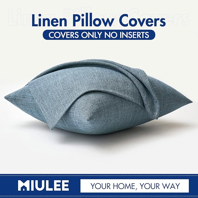 MIULEE Pack of 2 Decorative Linen Burlap Coastal Pillow Covers Farmhouse Accent Pillowcases for Sofa Car Couch Bedroom Living Room Decor 20x20 Inch Dusty Blue