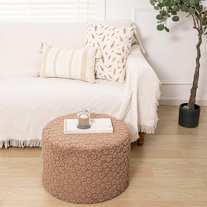 Round Plush Stuffed Ottoman Pouf - Ultra-Soft Furry Ottoman Foot Rest with High-Density Foam Filling, 20" x 14" Multi-Functional Floor Pouf for Living Room