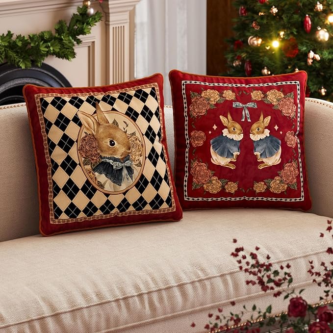 Easter Bunny Checkered Pillow Cover Decorations, Velvet Euro Sham Covers Decorative Throw Pillow Covers 18x18 for Couch Sofa Bed Home Decor