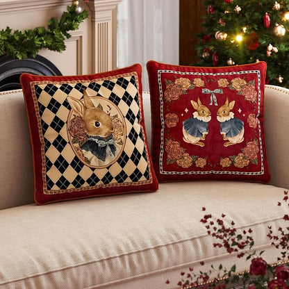 Easter Bunny Checkered Pillow Cover Decorations, Velvet Euro Sham Covers Decorative Throw Pillow Covers 18x18 for Couch Sofa Bed Home Decor
