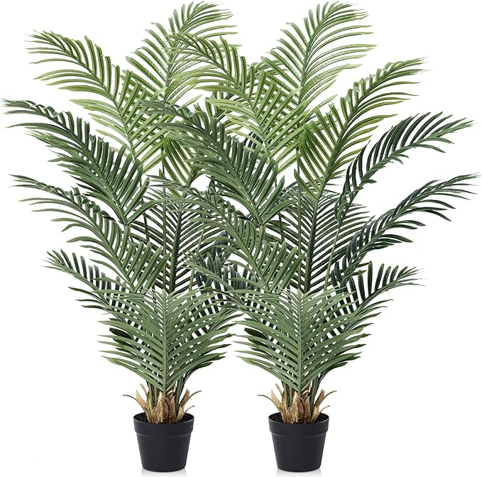 Artificial Palm Tree 4FT Tall Palm Trees UV Resistant Fake Plant Large Potted Faux Tropical Areca Palm Floor Plants for Indoor Outdoor Home Living Room Porch Patio Decor 2 Pack, VN125