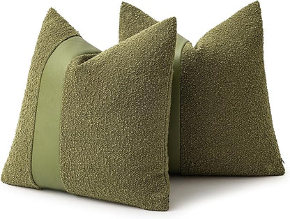 22"x22" Forest Green Boucle Pillow Covers with Faux Leather Accents Set of 2 Fluffy Textured Decorative Throw Pillow Cases for Couch Bed Boho Farmhouse Square Cushion Covers for Home Décor