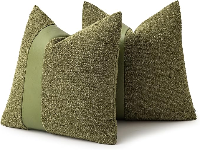 20"x20" Forest Green Boucle Throw Pillow Covers with Faux Leather Accents Set of 2 Fluffy Textured Decorative Pillow Cases for Couch Bed Boho Farmhouse Square Cushion Covers for Nordic Home