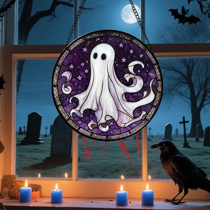 DASTOLL Stained Glass Window Hanging - Halloween Decorations White Ghost Purple Stars Suncatcher for Doors Garden Spooky Funny Sun Catchers Gothic Decor Horror Gifts for Women Men Friend 9.8 in