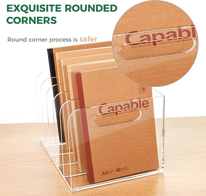 Acrylic Magazine File Holder, 5 Vertical Compartments Desk Document Sorter Organizer, Clear Folder Rack Binder for Office/Documents/Classroom, for Home, Tablet, Magazines, Books & Accessories