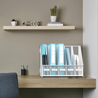 SUPEASY Desk Organizers Metal Desk Magazine File Holder with 5 Vertical Compartments Rack File Organizer for Office Desktop, Home Workspace, White Plus