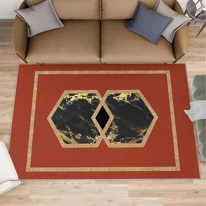 Abstract Marble Area Rugs Golden Hexagon Geometric Rug Vintage Red Marble Carpet European Medieval Geometry Carpet Mat for Bedroom Living Room 3x5ft