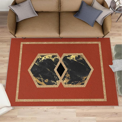 Abstract Marble Area Rugs Golden Hexagon Geometric Rug Vintage Red Marble Carpet European Medieval Geometry Carpet Mat for Bedroom Living Room 7x8ft