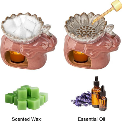 Elephant Oil Burner, Elephant Ceramic Oil Warmers, Retro Decorative Aroma Furnace Creative Gift Box, Furnace Household Burner Lotus Tea Light Rack Decorative Gift (Pink)
