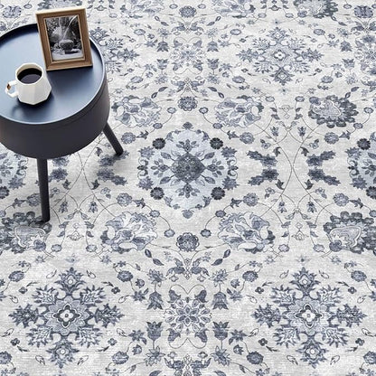 vivorug 6x9 Rug, Stain Resistant Washable Rug for Living Room, Floral Area Rug Vintage Inspired (Ivory/Blue, 6'x9')