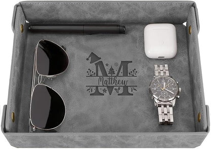 Engraved Christmas Gray Leather Valet Tray – Personalized Rectangle Catchall Organizer for Wallet, Keys, and Jewelry – Gift for Men, Dad, Couples – Dresser Top or Coffee Table Tray Decor