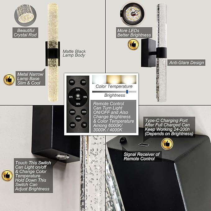 Battery Operated Crystal Wall Lights Rechargeable Set of 2 with Remote | Narrow Base Wireless Bubble Crystal Rod Wall Sconces Vanity Lights for Bathroom Bedroom Living Room (2 Pack, Black, 15.5'')