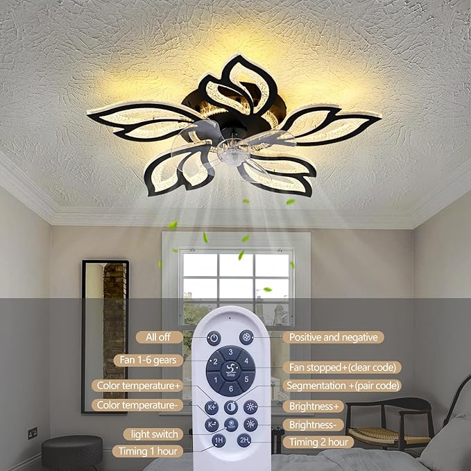 25" Black Geometric Ceiling Fan with Lights and Remote Control, 3 Light Color 6 Speeds Flush Mount Low Profile Ceiling Fan for Bedroom Kitchen