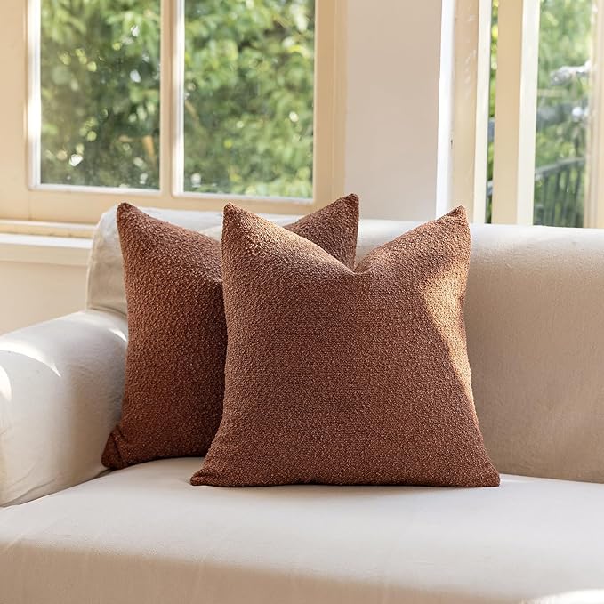 GEEORY Decorative Throw Pillow Covers 22x22 Inch Pack of 2,Textured Boucle Neutral Cushion Cases for Bed Couch Sofa, Accent Mordern Farmhouse Minimalist Home Decor (Tobacco Brown) GE06-22