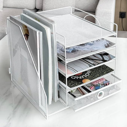 5-Tier Paper Letter Organizer with File Holder, Desk Organizer with Drawer, Mesh Desktop Storage with Magazine Holder for Office Supplies (White)