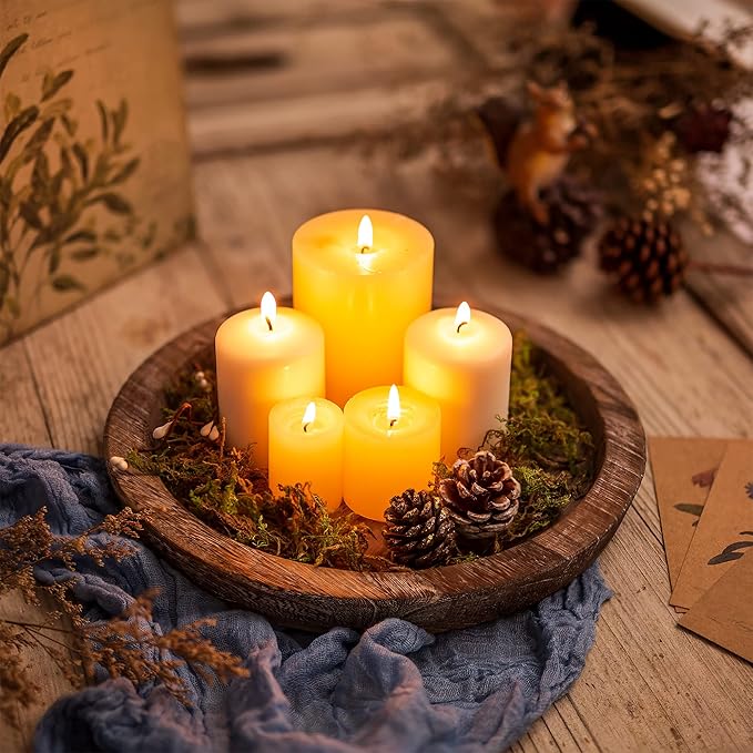 Hanobe Candle Plate Holder Tray: Round Wood Decorative Candle Plate - Rustic Farmhouse CoffeeTable Decor - Tealight Pillar Trays for Home Decor (Distressed)